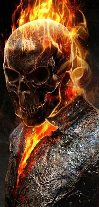 A fiery skull with flames in a dark-themed wallpaper.