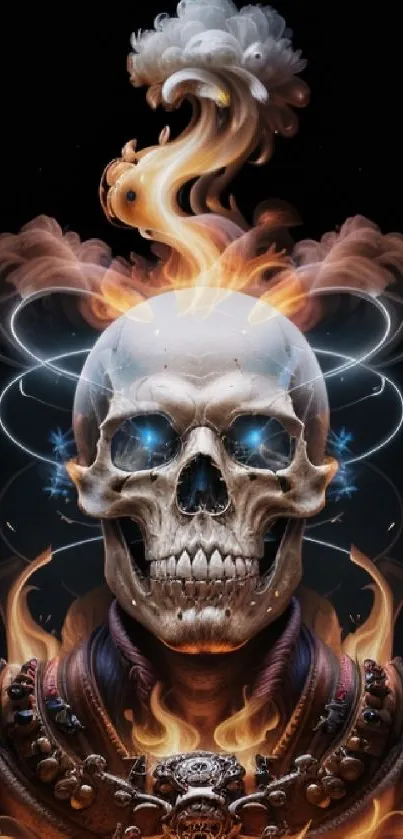 Fiery skull art with mystical flames in detailed mobile wallpaper design.