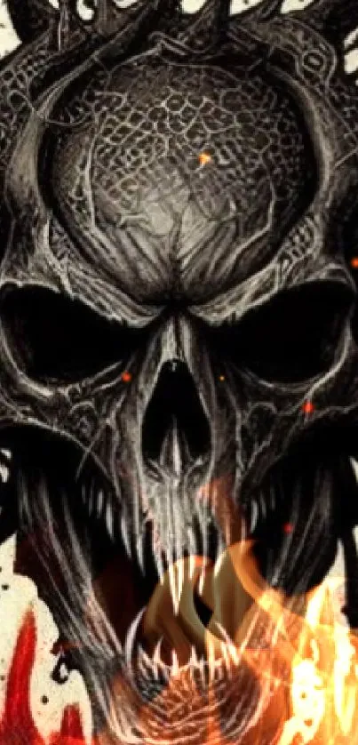 Dark skull design with fiery accents, perfect for mobile wallpaper.