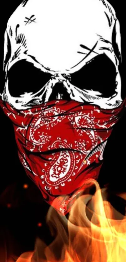 Dark skull wallpaper with a red bandana and flames.