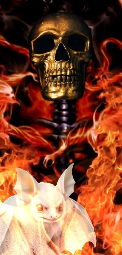 Golden skull and bat in fiery flames mobile wallpaper