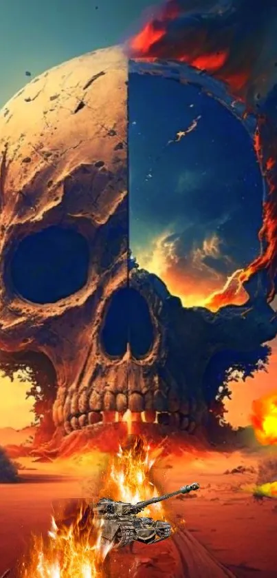 Skull with desert and fiery flames mobile wallpaper.