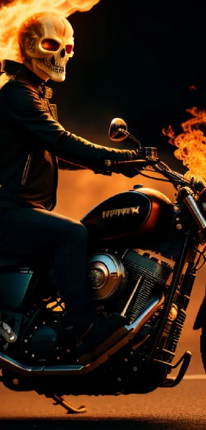 Biker with flaming skull head rides motorcycle at night.