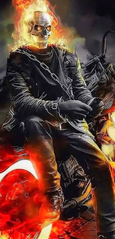 A dynamic image of a fiery skull biker on a motorcycle with flames and dark tones.