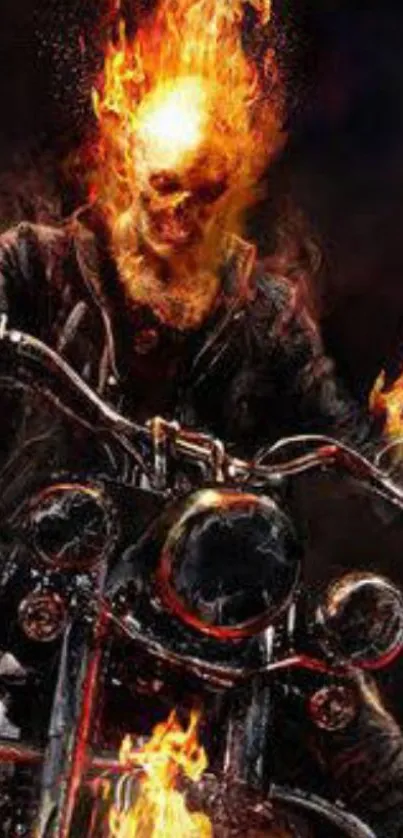 Fiery skull biker on motorcycle with flames ablaze.