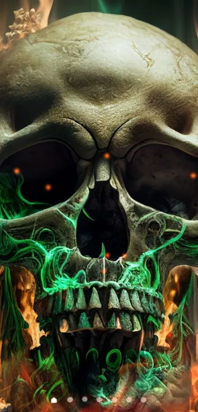 Mobile wallpaper of a fiery skull with green flames.