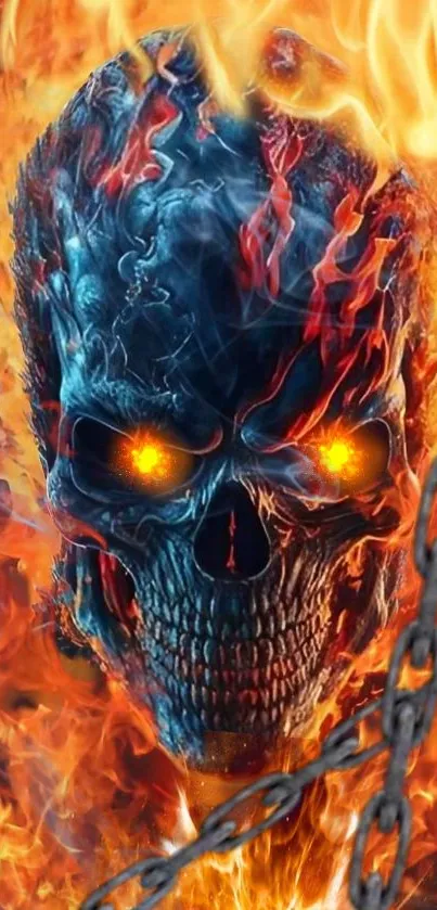 Fiery skull with chains and flames mobile wallpaper.