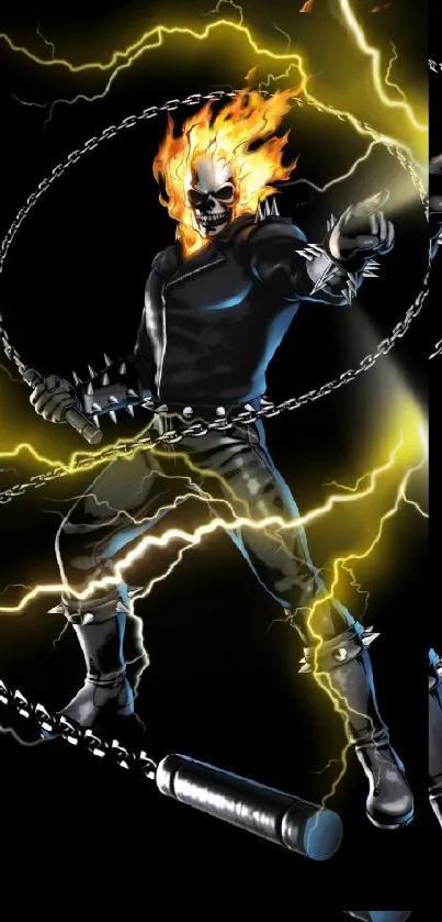 Electric skull warrior with fiery chains mobile wallpaper