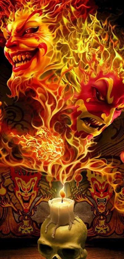 Fiery clown faces rise from a skull in vibrant red flames.