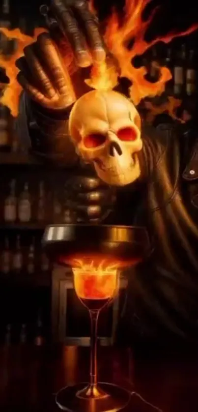 Fiery skull art in a dramatic cocktail imagery, perfect for mobile wallpaper.