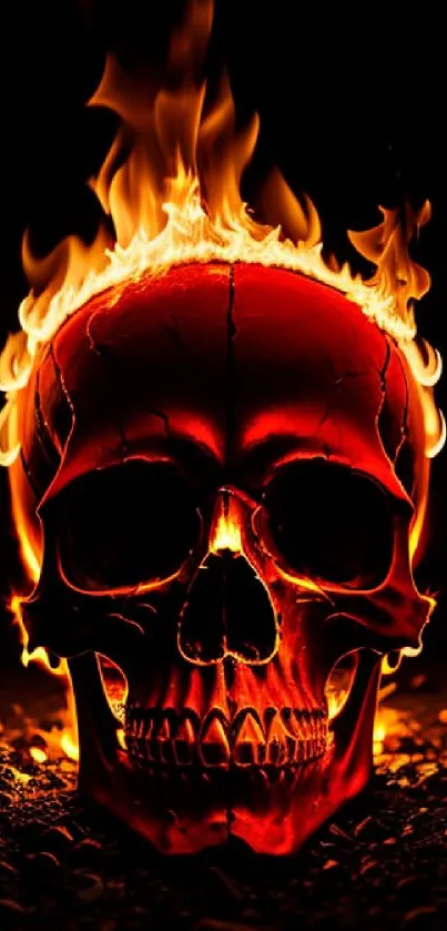 Fiery skull with flames on a dark background wallpaper.