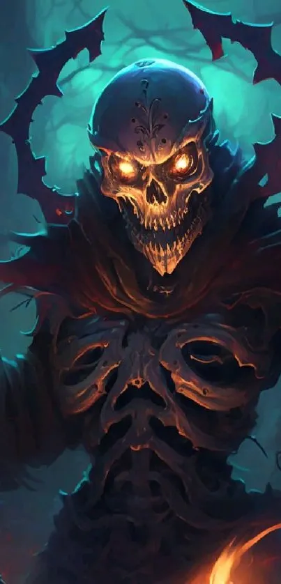 Fiery skull demon with glowing flames in dark mystical setting.