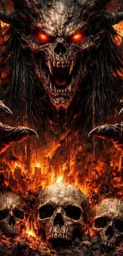 Fiery demon with skulls and flames creating a dark and intense atmosphere.