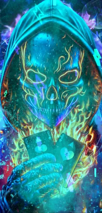 Vibrant wallpaper showing a fiery skull with playing cards.