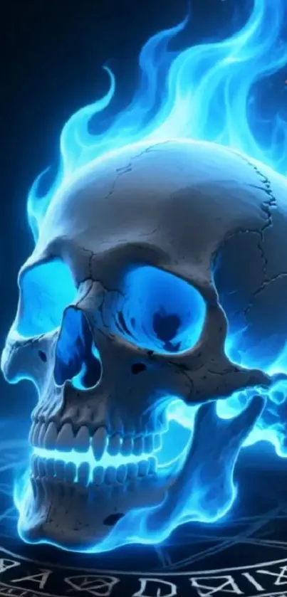 Fiery skull digital art with glowing blue flames.