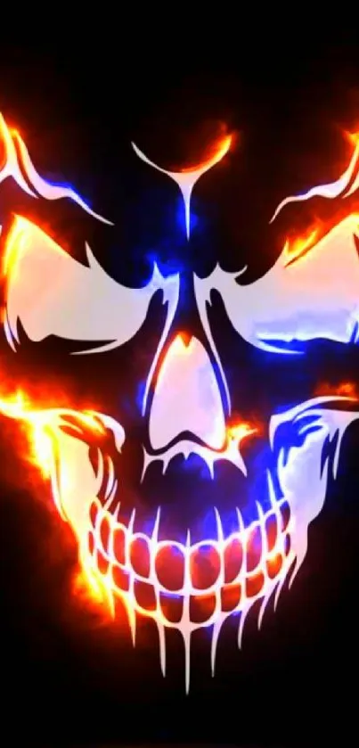 Fiery skull with blue and orange flames on a black background.