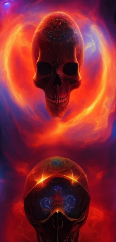 Vibrant fiery skull digital art wallpaper with red and orange hues.