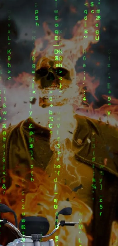 Fiery skull with flames and digital green matrix code in dark theme.