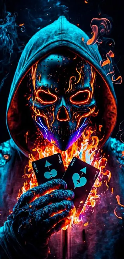 Fiery skull with glowing cards in a digital art style on a mobile wallpaper.