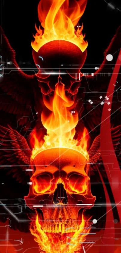 Blazing fiery skull with digital elements in vibrant red and orange on dark background.