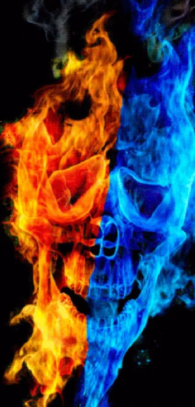 Skull with blue and orange flames, split design on black background.