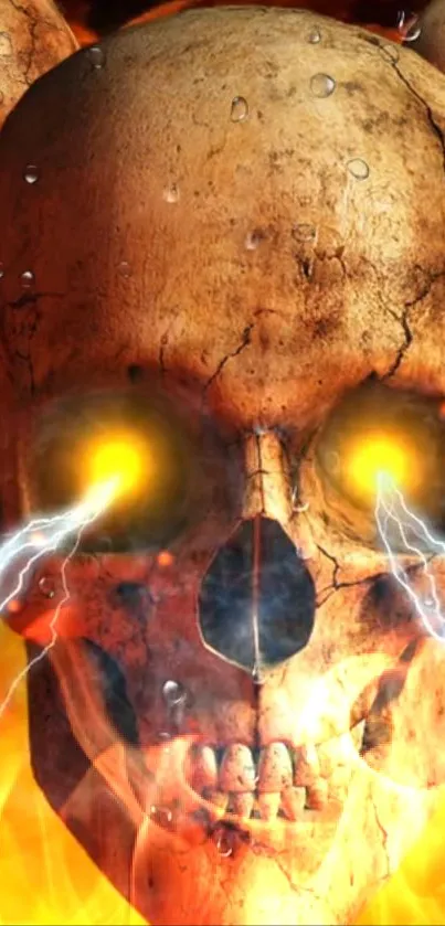 Dynamic skull with fiery eyes and electric burst on mobile wallpaper.