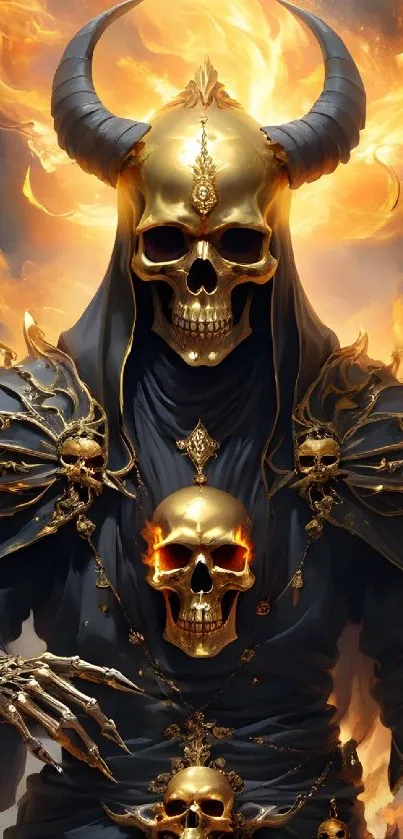 Golden horned skull on fire with dark robes and ornate details in fantasy art.