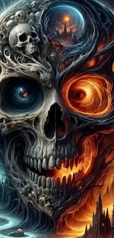 Fiery skull fantasy art with mystical and dark themes.