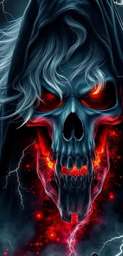 Fiery skull with lightning and hood in dark fantasy style.