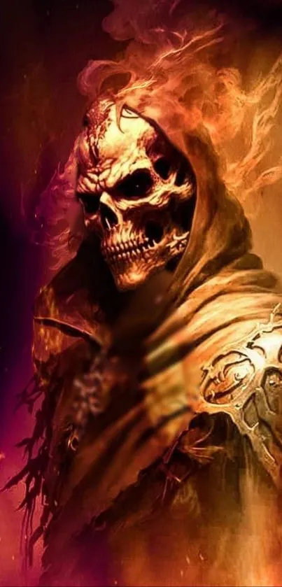 Fiery skull in dark fantasy art style wallpaper.