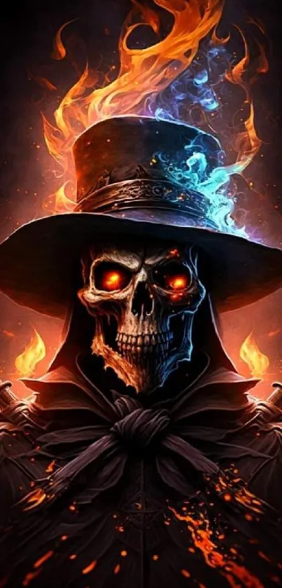 Fiery skull fantasy art wallpaper with orange and blue flames.