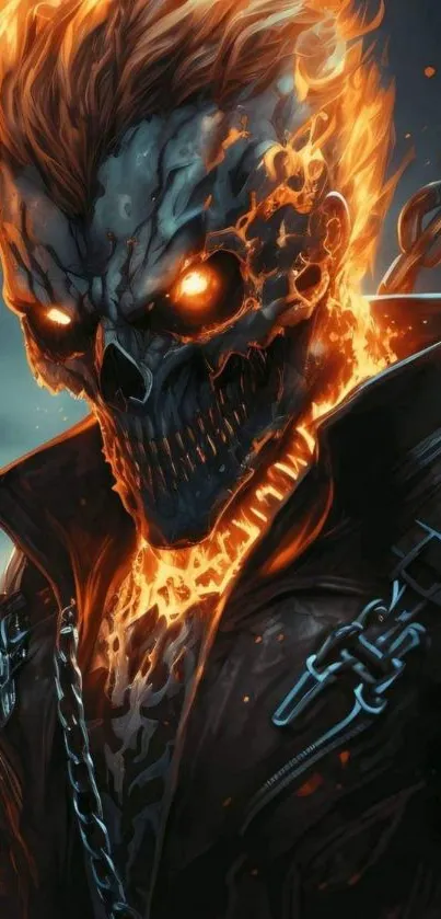 Fiery skull with intense flames and chains in dark fantasy art style.