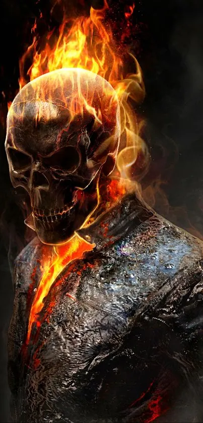 Fiery skull surrounded by vibrant flames, set on a dark background.