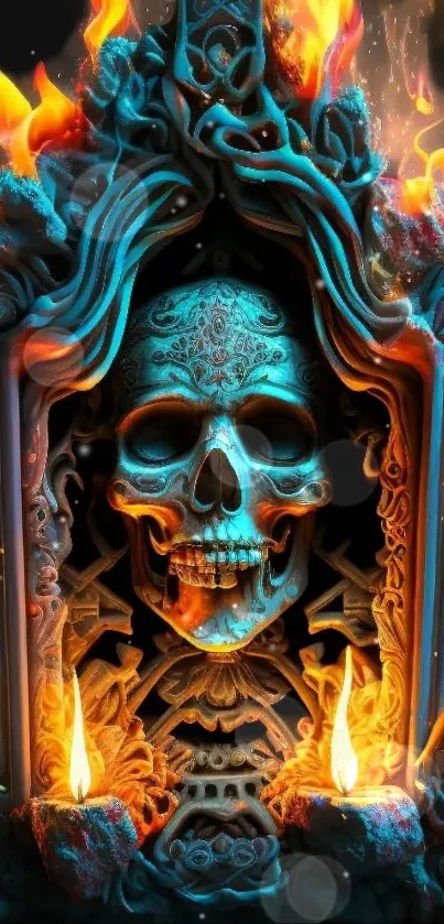 Intricate fiery skull fantasy art wallpaper with vibrant flames and carvings.