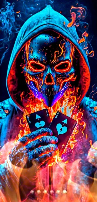 Fiery skull with neon glow holding cards in a dramatic fantasy art.