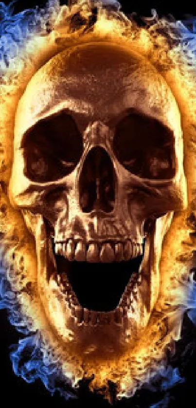 Fiery skull with blue flames and black background, digital art wallpaper.