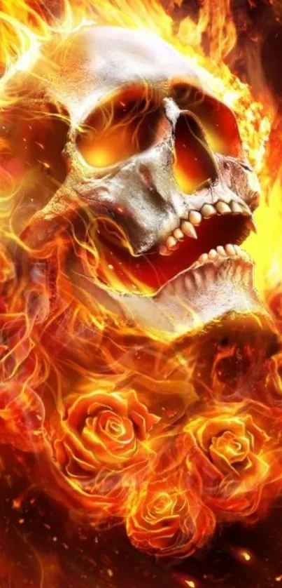 Fiery skull surrounded by flames and roses wallpaper.