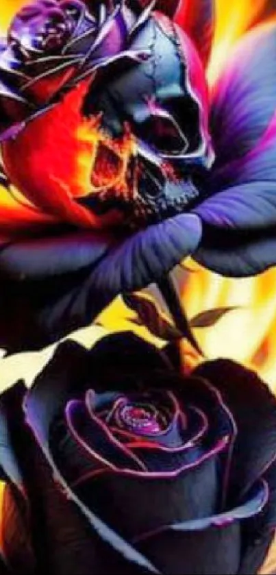 Fiery skull and rose artwork in vibrant colors.