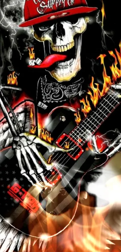 Skull playing guitar with flames on dark background.