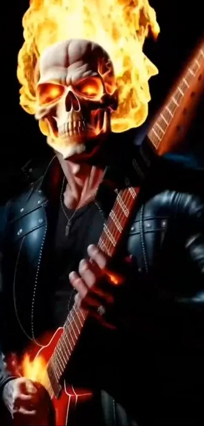 Fiery skull guitarist playing electric guitar with flaming aura.