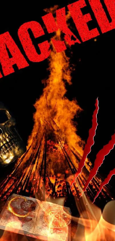 Mobile wallpaper with skull, fire, and 'Hacked' text design.