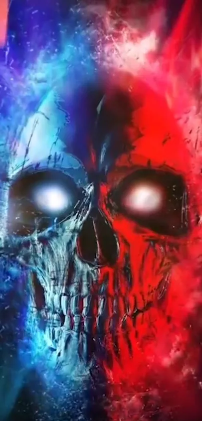 Vibrant red and blue fiery skull wallpaper for mobile phone.