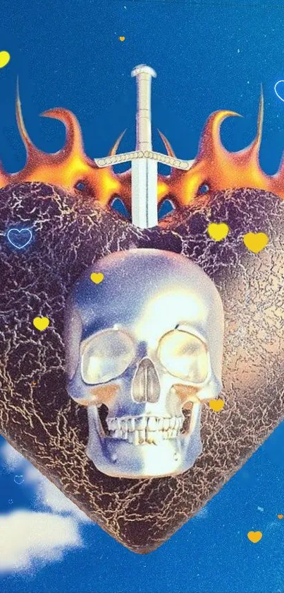 Skull on fiery heart with sword in blue sky wallpaper.