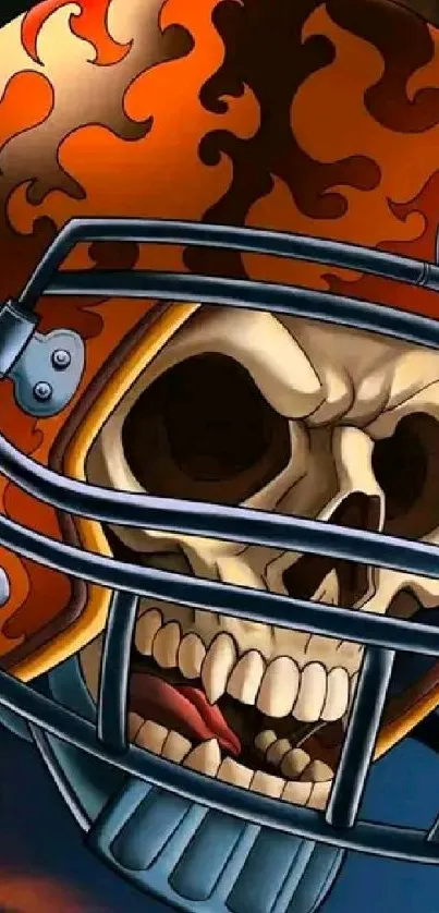 Fiery skull wearing a football helmet in vibrant orange tones.