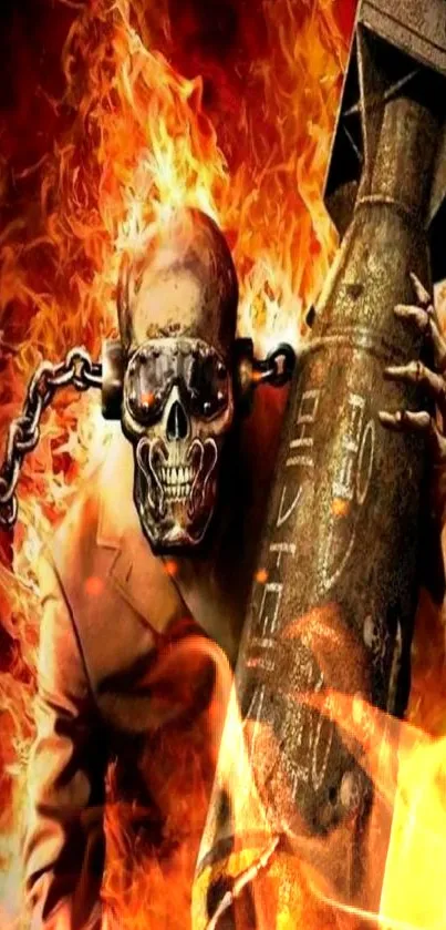 Fiery skull holding a bomb in intense wallpaper.