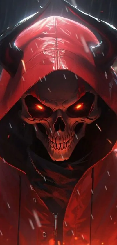 Fiery skull in a red hooded cloak with glowing eyes on a phone wallpaper.