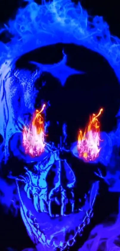 Fiery blue skull with glowing eyes on a dark background.