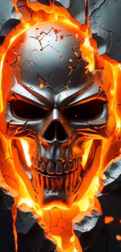 Fiery skull emerging from cracked wall with vivid flame design.