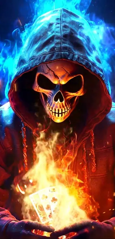 Vivid image of a skull in a hoodie with flames.