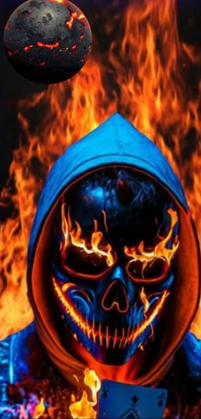 Skull in hoodie with fiery flames mobile wallpaper.